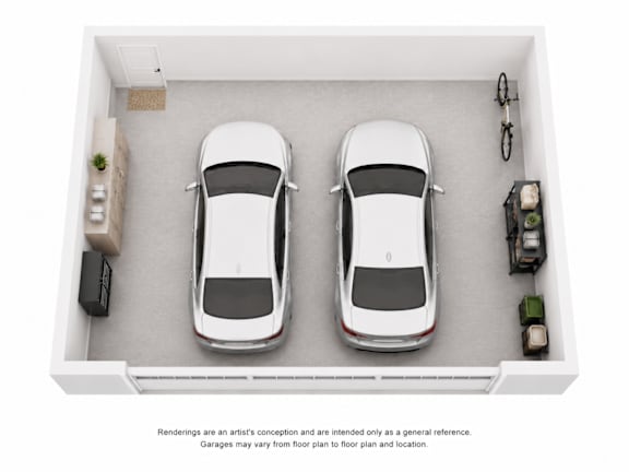 Two white cars are parked in a garage.
