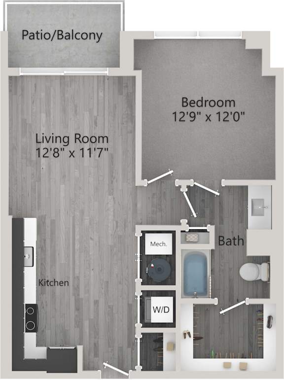 A floor plan of a home with a living room, kitchen, patio, and two bedrooms.