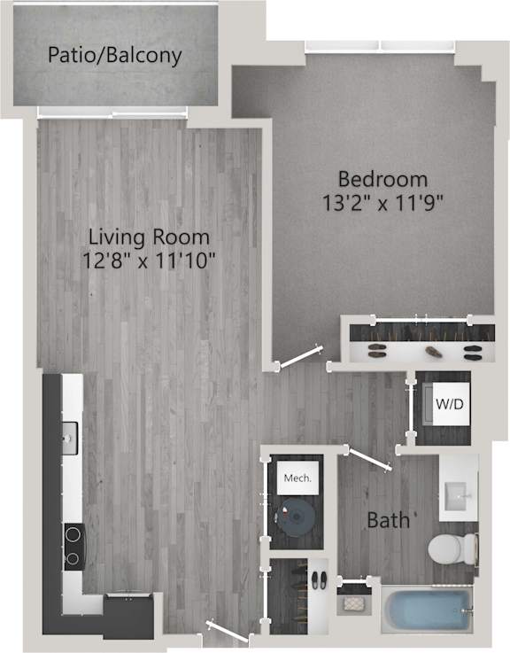 A floor plan of a small apartment with a living room, bedroom, bathroom, and a patio/balcony.