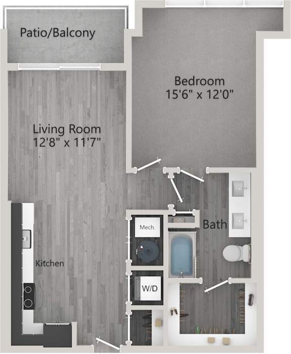 A floor plan of a small apartment with a living room, kitchen, patio, and bathroom.