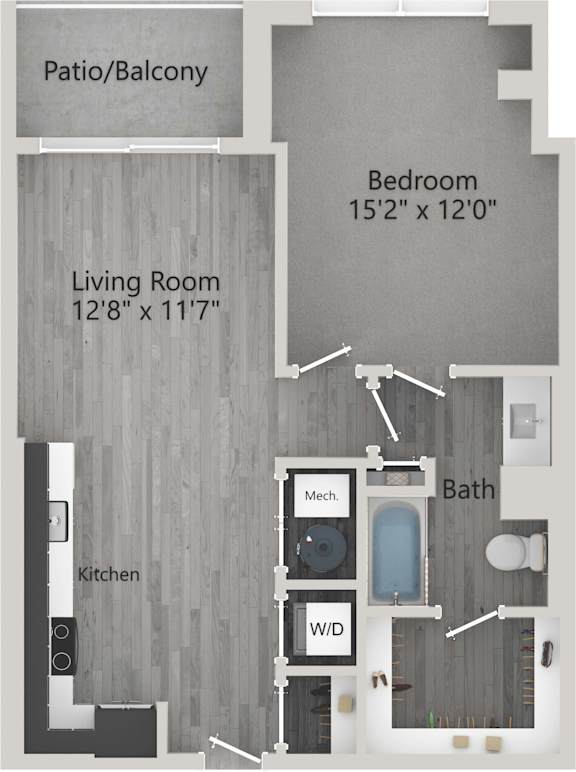 A floor plan of a home with a patio, living room, kitchen, bedroom, bathroom, and a workspace.