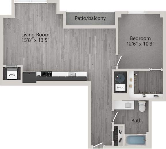 A floor plan of a small apartment with a living room, bedroom, and bathroom.