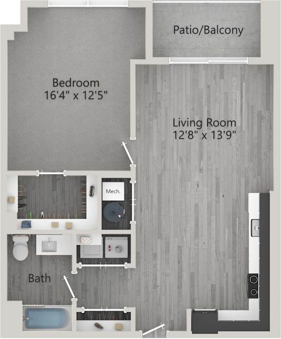 A floor plan of a small apartment with a bedroom, living room, bathroom, and patio/balcony.