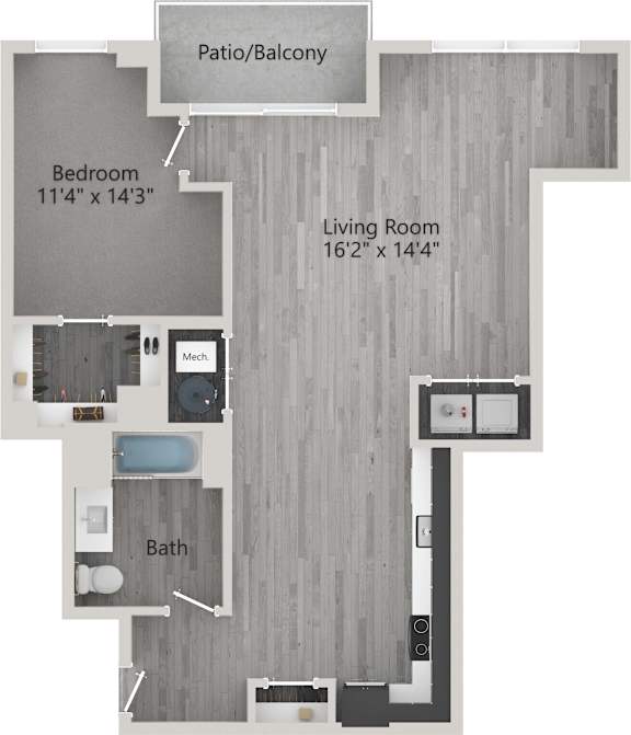 A floor plan of a home with a living room, bedroom, bathroom, and patio/balcony.