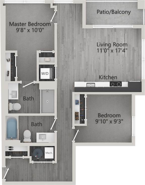 A floor plan of a small apartment with a master bedroom, living room, kitchen, and two bathrooms.
