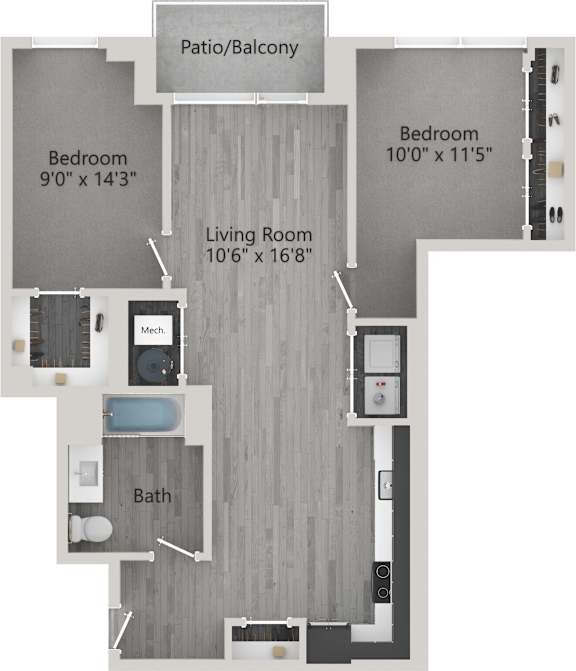 A floor plan of a home with a living room, two bedrooms, a bathroom, and a patio/balcony.