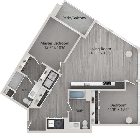 A diagram of a house layout with a master bedroom, living room, and bathroom.