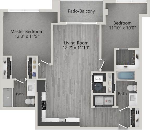 A floor plan of a home with a master bedroom, living room, and bathrooms.