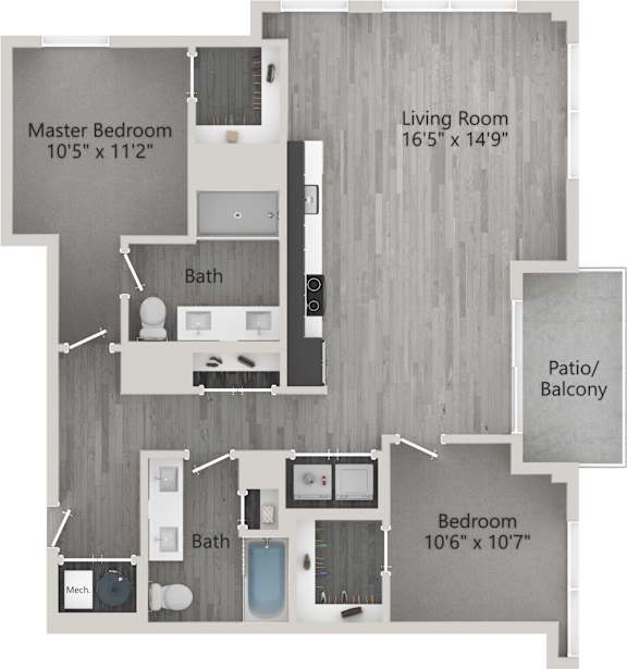 A floor plan of a home showing a master bedroom, living room, patio/balcony, and two bathrooms.