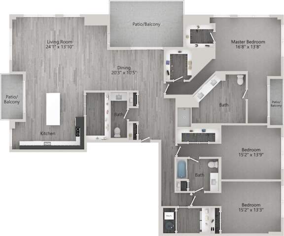 A floor plan of a house with a living room, kitchen, dining room, two bedrooms, a bathroom, and a patio.