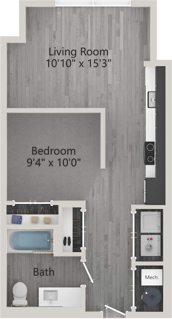 A diagram of a small apartment with a living room, bedroom, and bathroom.