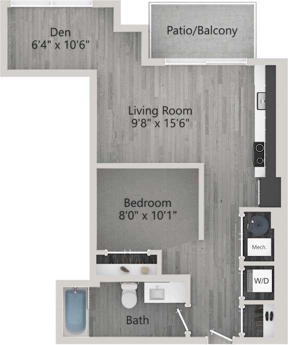 A floor plan of a small apartment with a den, living room, patio, balcony, and bathroom.