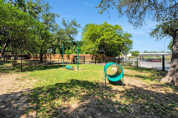 A playground with a green swing set and a green circular play structure.