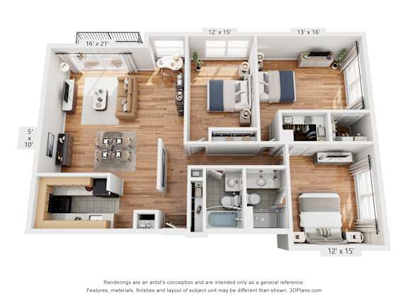 A 3D floor plan of a small apartment with a kitchen, living room, and bedrooms.