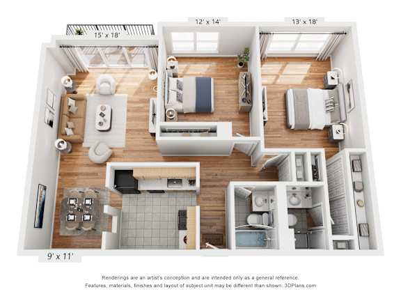 A 3D floor plan of a house with labeled dimensions.