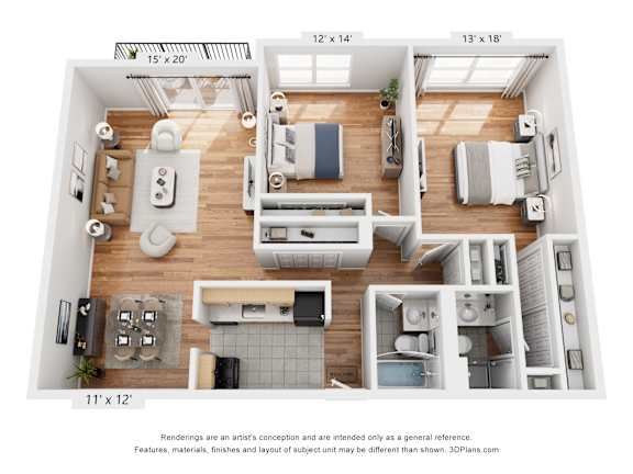 A 3D floor plan of a small apartment with a kitchen, living room, and bathroom.