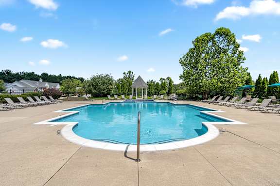 an oval swimming pool with chairs around it and trees in the background