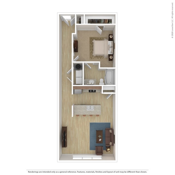 a stylized floor plan with a bedroom and a living room