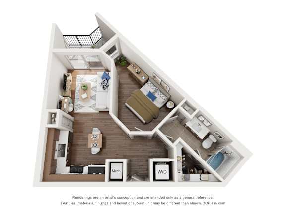 A 3D floor plan of a small apartment with a kitchen, living room, and bathroom.
