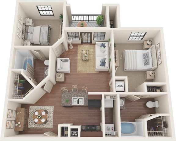 A top-down view of a two-story apartment with a living room, kitchen, and bedrooms.