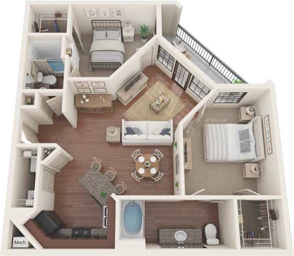 A detailed 3D floor plan of a small apartment with a living room, kitchen, and bathroom.