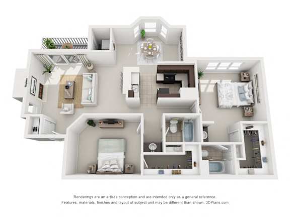 A 3D floor plan of a house with a kitchen, living room, and bedrooms.