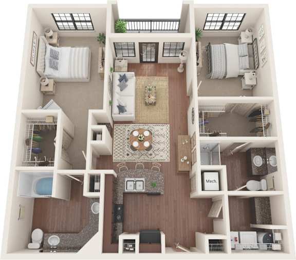 A top-down view of a small apartment with a kitchen, living room, and bedrooms.