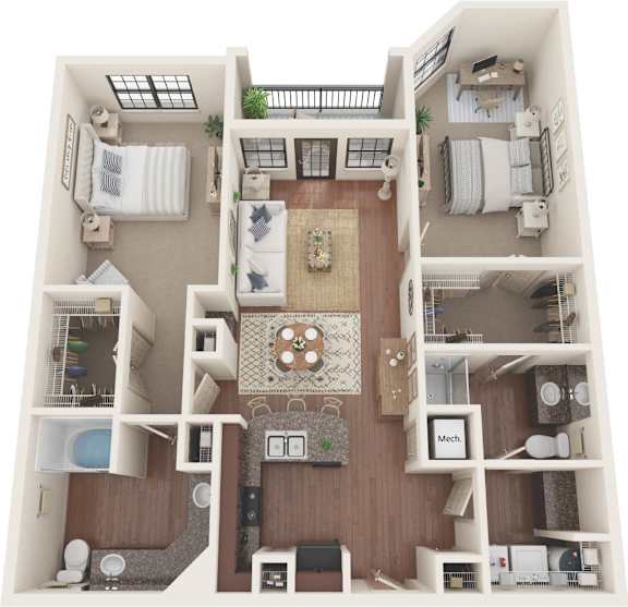 A top-down view of a small apartment with a kitchen, living room, and bedrooms.