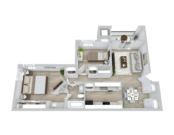 A 3D floor plan of a house with multiple rooms and furniture.