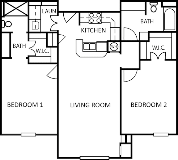 A floor plan of a house with a laundry room, kitchen, two bathrooms, and two bedrooms.