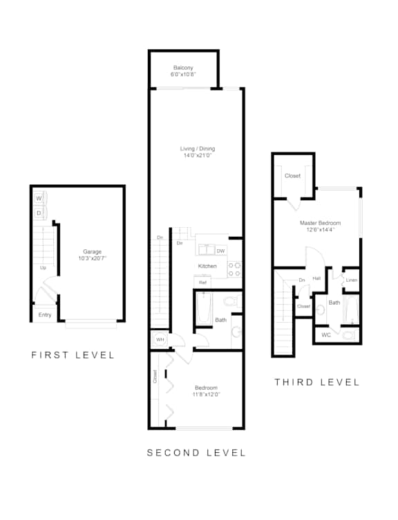 A drawing of a three-story building with floor plans for the first, second, and third levels.