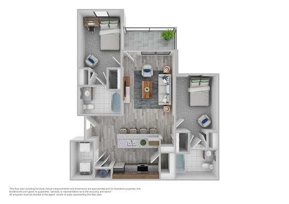 A floor plan of a house with a kitchen, living room, and two bedrooms.