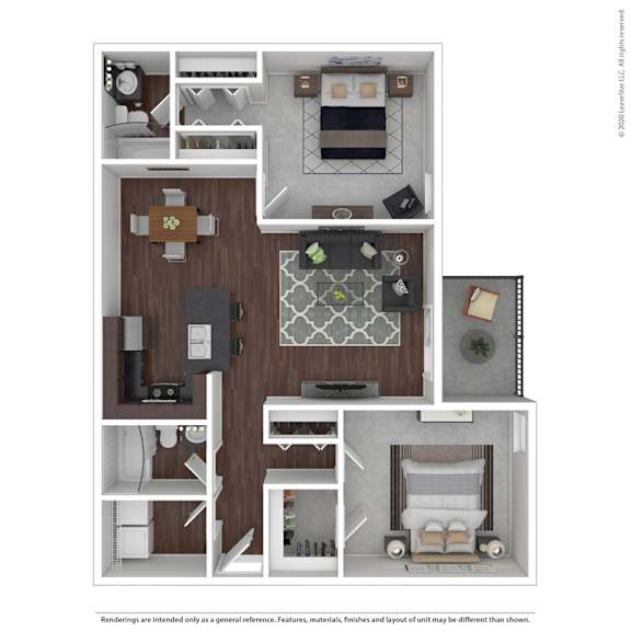 A floor plan of a two-bedroom apartment with a living room, kitchen, and bathroom.