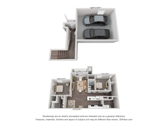 a stylized 3d floor plan of a 2100 sq ft apartment