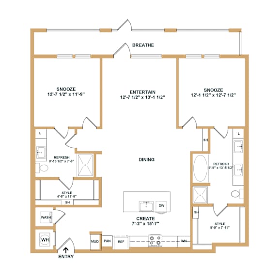 A floor plan of a house with a dining area, bathrooms, and bedrooms.
