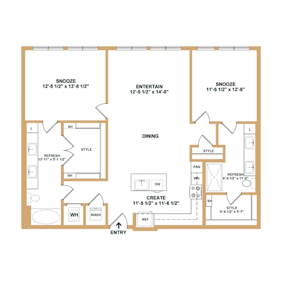 A floor plan of a house with a snooze area, dining area, and a bathroom.