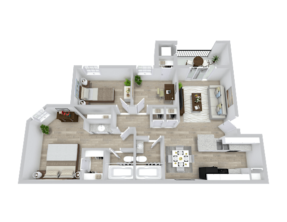 A 3D floor plan of a house with multiple rooms and furniture.