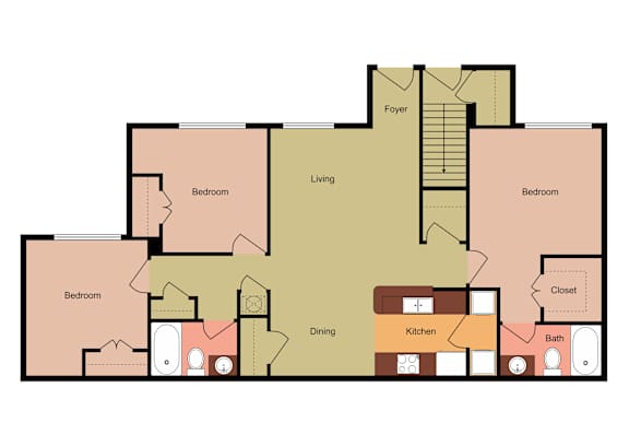 A floor plan of a house with a living room, dining room, kitchen, and four bedrooms.