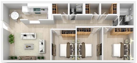 A floor plan of a small apartment with two bedrooms, a bathroom, and a living area.