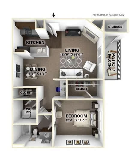 A diagram of a small apartment layout with a kitchen, dining area, bedroom, and closet.