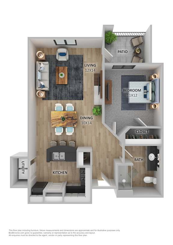A 3D floor plan of a small apartment with a living room, dining room, kitchen, bedroom, bathroom, and patio.