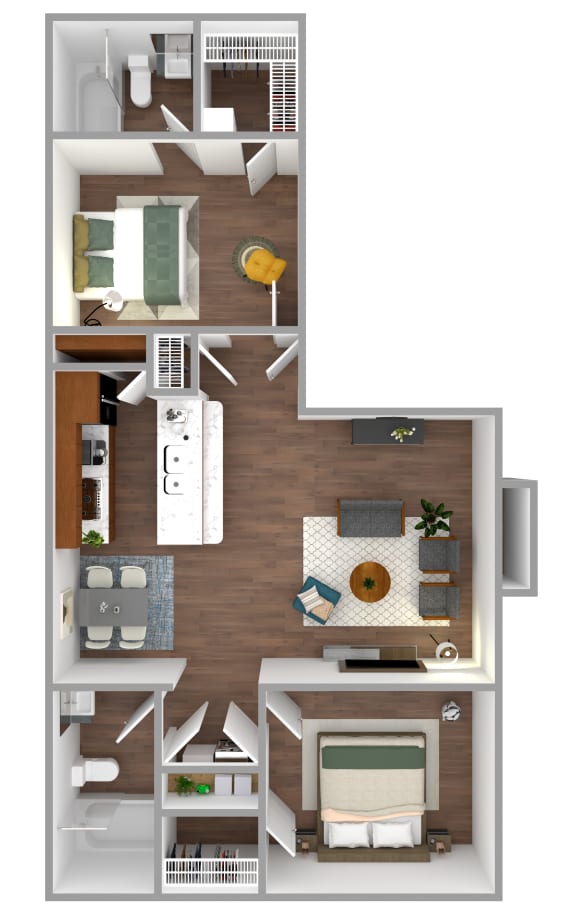 a stylized floor plan of a 1 bedroom apartment