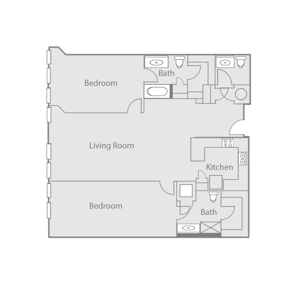 A floor plan of a house with three bedrooms, a living room, a kitchen, and two bathrooms.
