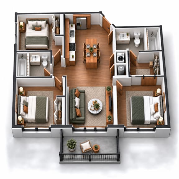 A top-down view of a well-organized apartment layout with a living area, kitchen, and bedrooms.