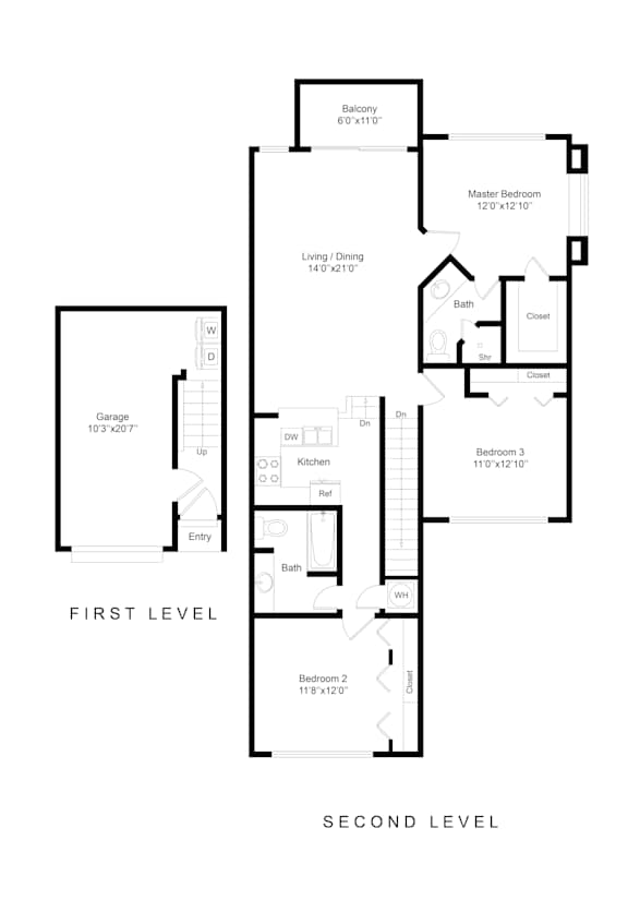 A black and white image of a floor plan for a two level home.