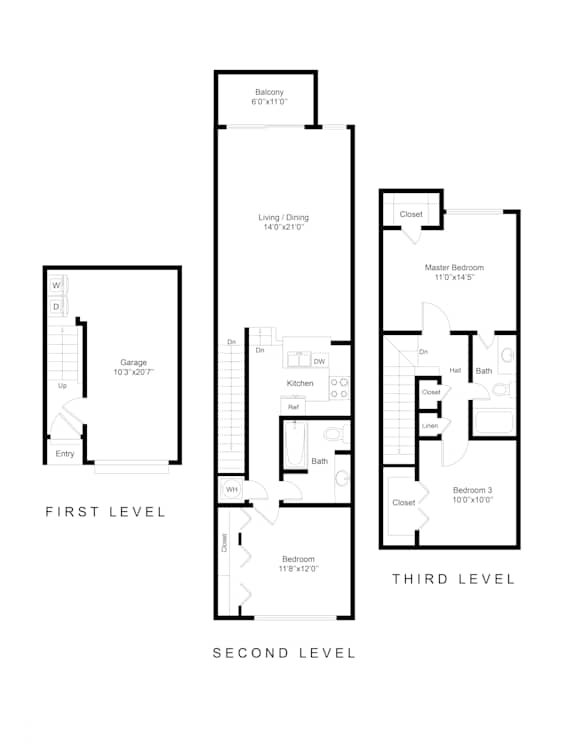 A floor plan of a three-story residential building.