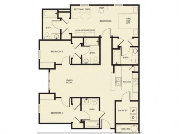 the floor plan of a bedroom apartment