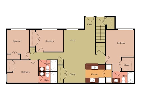 A floor plan of a house with a foyer, living room, dining room, kitchen, and four bedrooms.