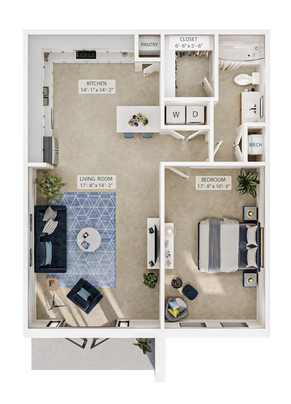 A floor plan of a small apartment with a kitchen, living room, and bedroom.