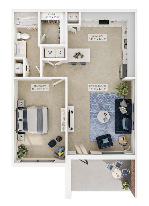 A floor plan of a small apartment with a bedroom, living room, kitchen, and bathroom.